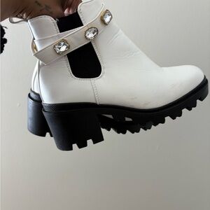 Y2K White Leather Chunky Heel Chelsea Boot with Crystal Strap